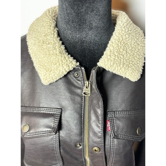 Levi Strauss Co Mens Faux Leather Sherpa Lined Trucker Jacket Dark Brown Size M - Picture 4 of 16